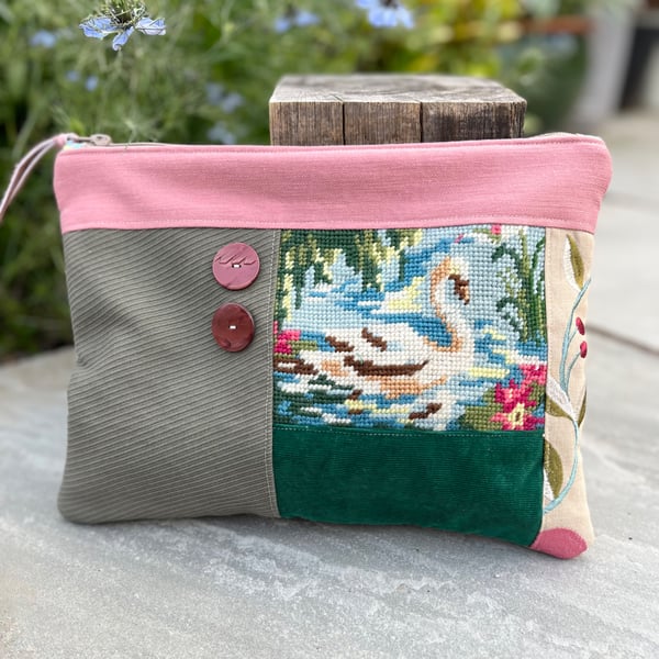 Repurposed Swan tapestry large soft pouch with bright floral lining