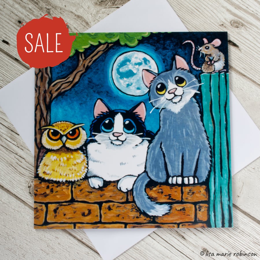 Cat Owl and Mouse at Night Greeting Card - Blank Inside - REDUCED TO CLEAR