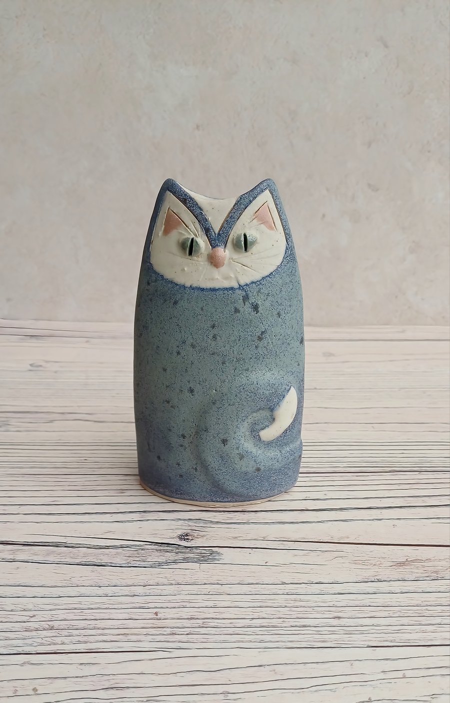 Small handbuilt pottery Cat vase ,speckled blue 