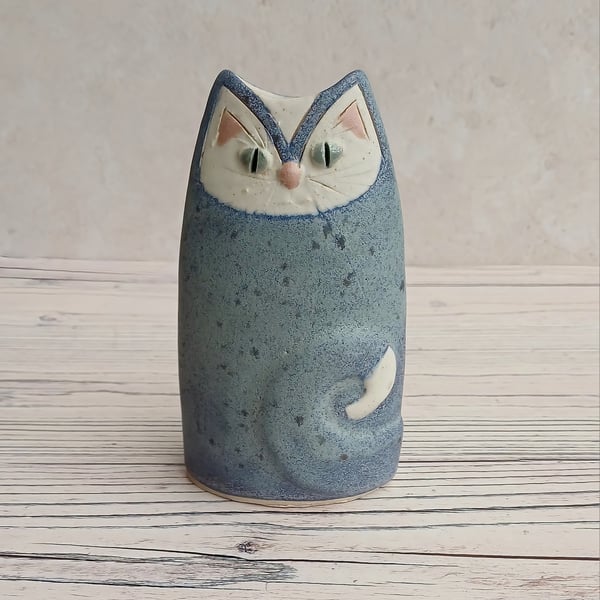 Small handbuilt pottery Cat vase ,speckled blue 