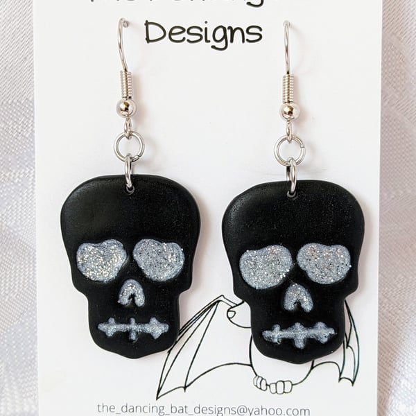 Black Skull Dangle Earrings With Silver Glitter Eyes, Polymer Clay Jewellery