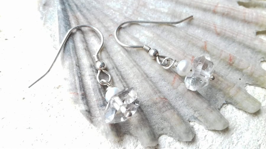 Herkimer Diamond and Freshwater Pearl Dangle Drop Earrings