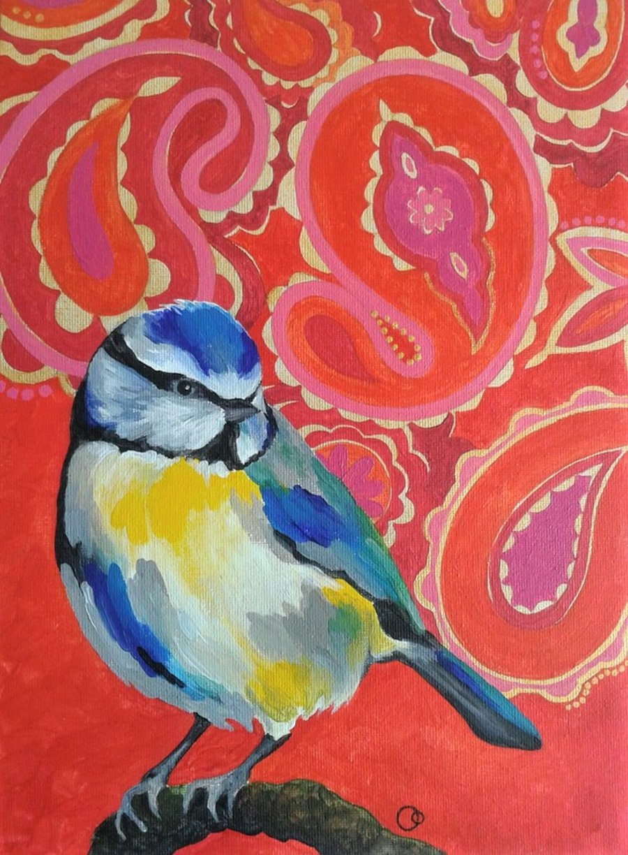 Blue Tit Pop Art A4 Digital Print Red Paisley Background
