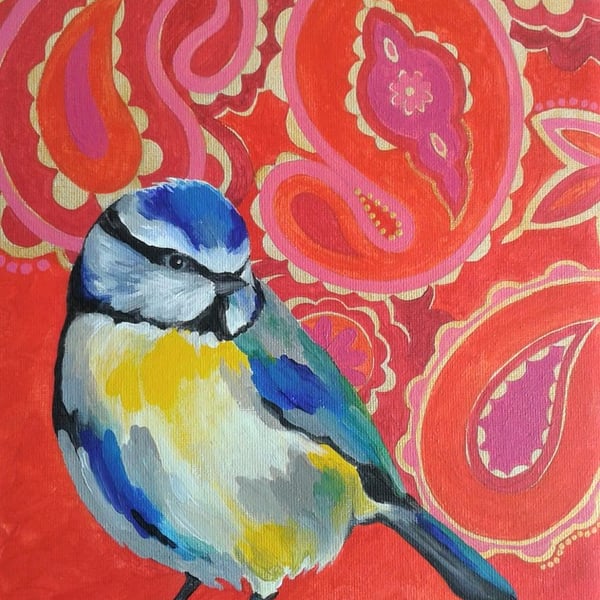 Blue Tit Pop Art A4 Digital Print Red Paisley Background