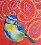 Blue Tit Pop Art A4 Digital Print Red Paisley Background - Image 1