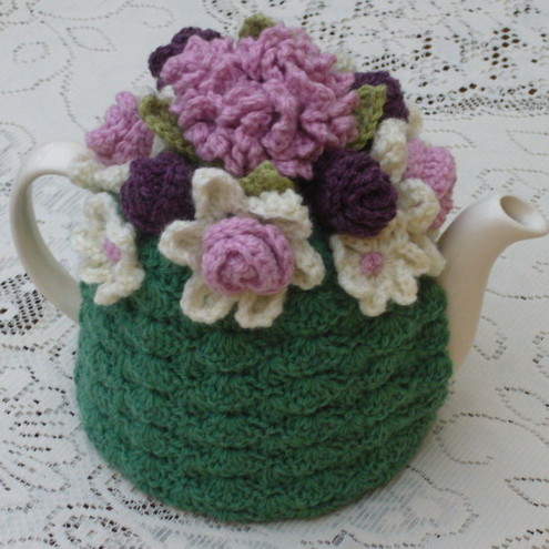 Crochet Tea Cosy/Cosie/Cozy - green with Dusty Pink and Magenta flowers (Made to order)