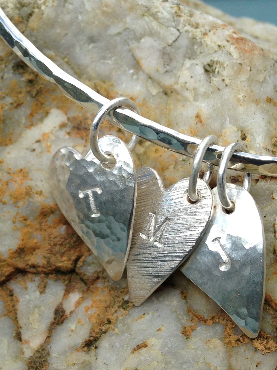 Sterling Silver Sea Shimmer Heart Bangle - one  heart personalised