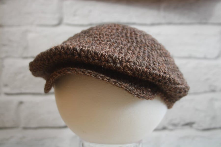 Brown Tweed Newsboy Cap, Crochet Scally Cap, Sizes Baby - Adult
