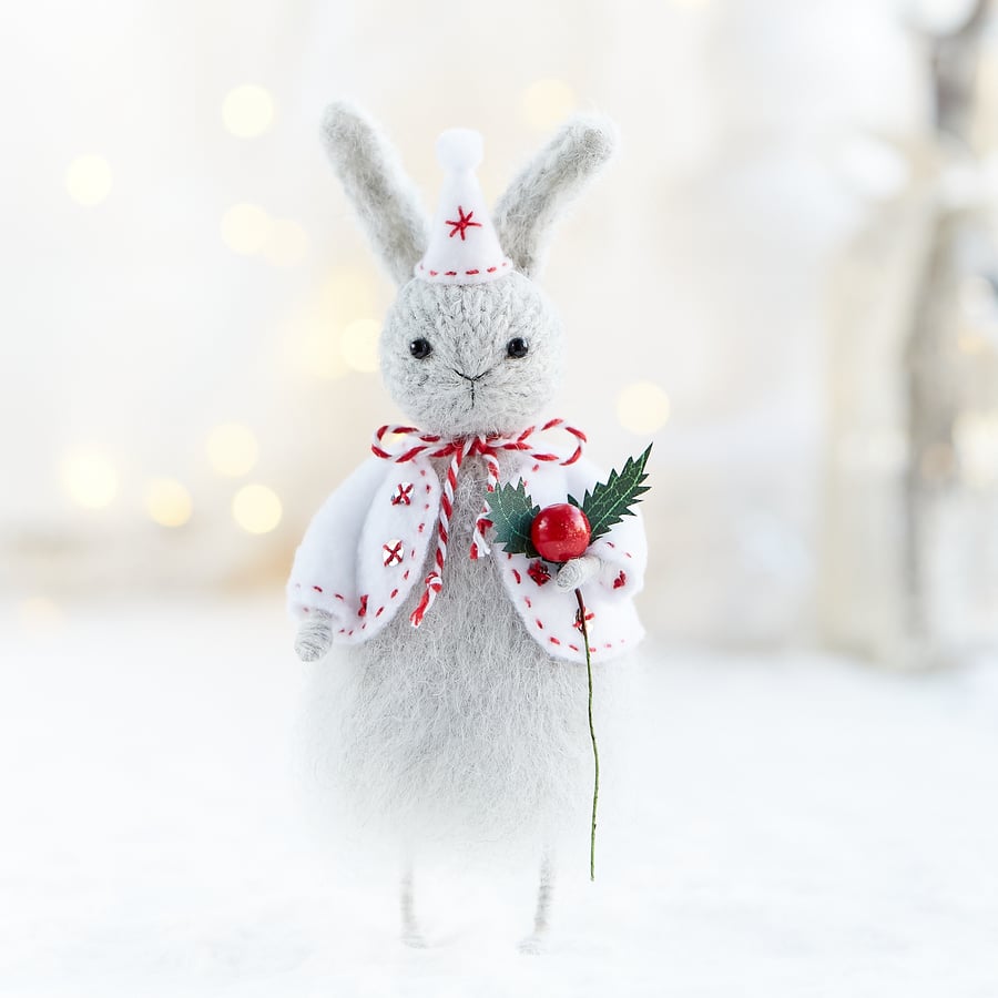 Christmas Bunny ornament, dressed up knitted rabbit figurine