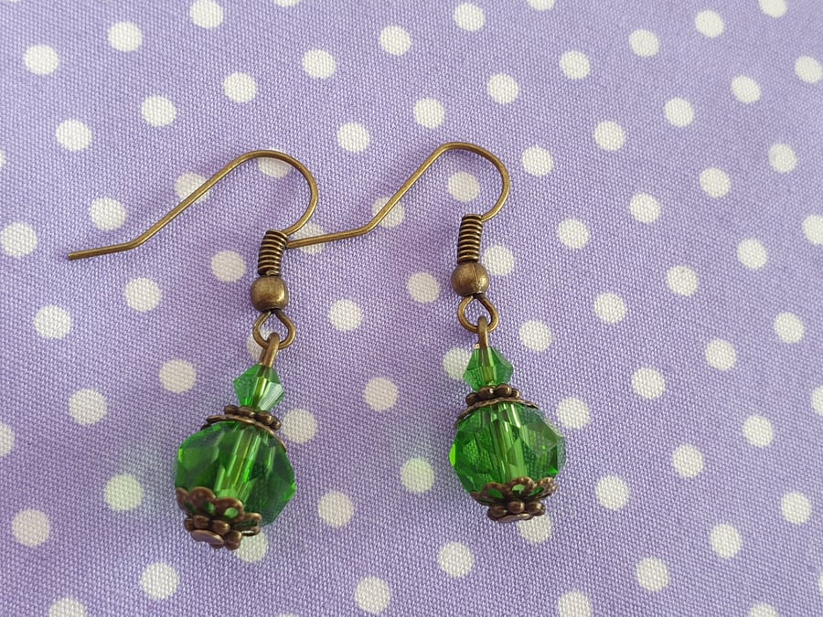Antique Bronze and Sparkling Green Crystal Earrings 