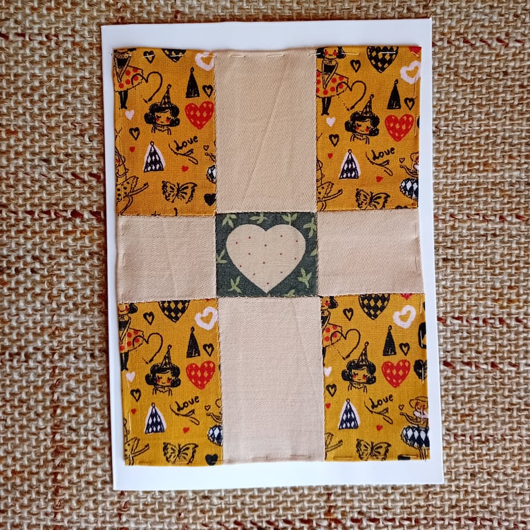 Blank card in handsewn patchwork. Anniversary card, cotton anniversary.