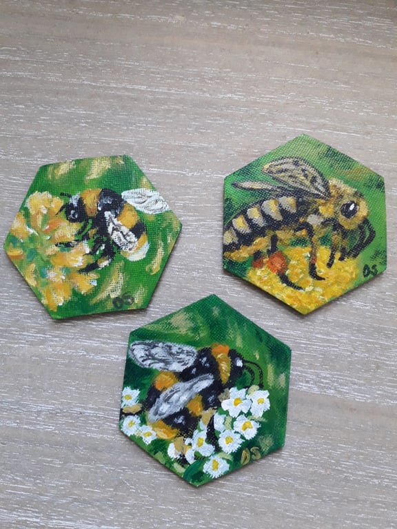 Set of 3 hand painted 'bees" canvas fridge magnets