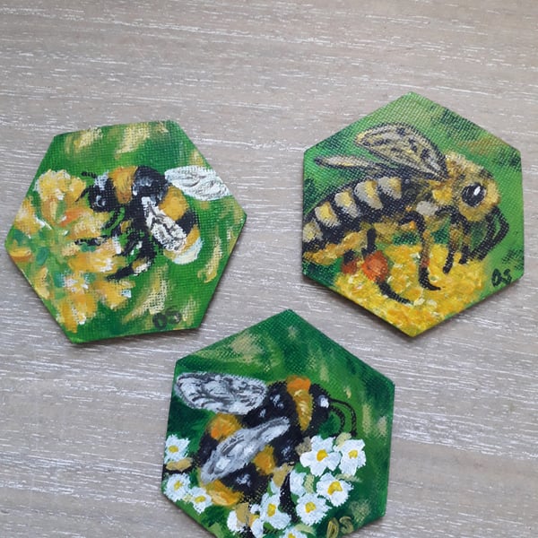 Set of 3 hand painted 'bees" canvas fridge magnets