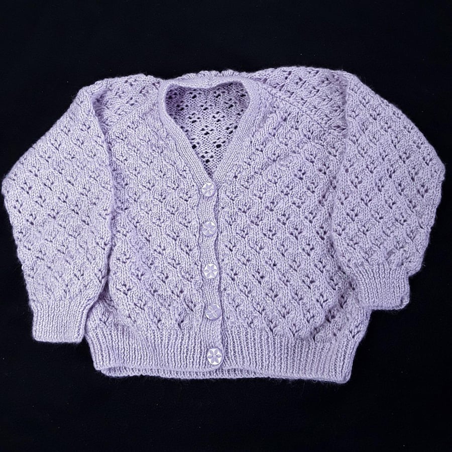 Baby girls cardigan hand knitted in sparkly mauve 2 - 3 years 26 inch chest