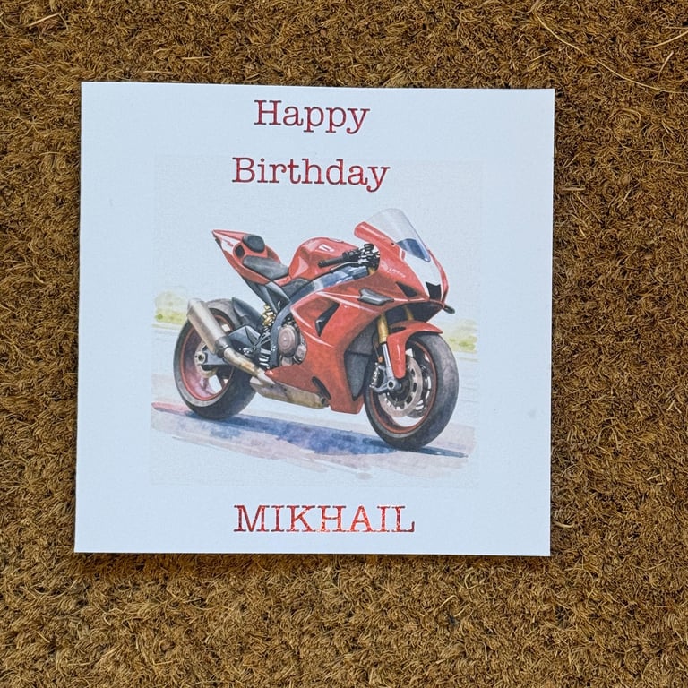 Red Sports Style Motorbike Birthday Card.Watercolour Style Bike. Personalised 