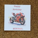 Red Sports Style Motorbike Birthday Card.Watercolour Style Bike. Personalised 