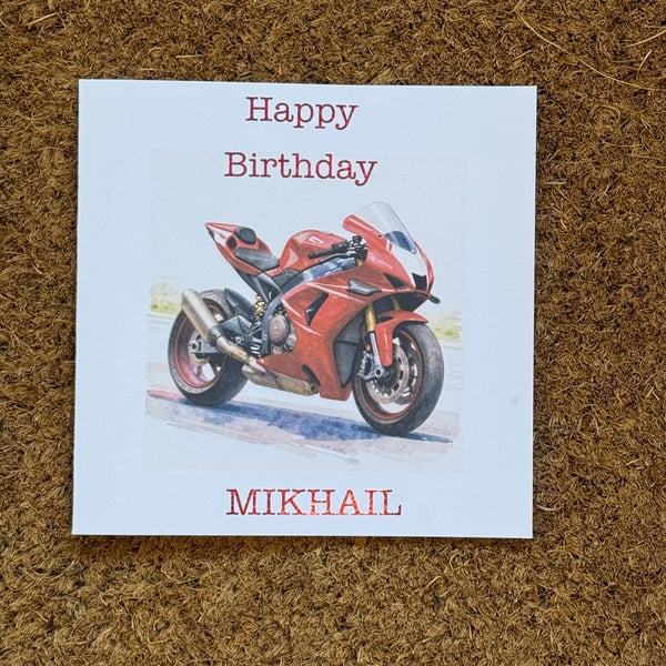 Red Sports Style Motorbike Birthday Card.Watercolour Style Bike. Personalised 