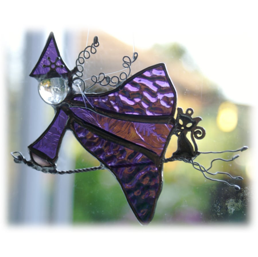 Witch on Broomstick Suncatcher Stained Glass Handmade Cat Magic Spells
