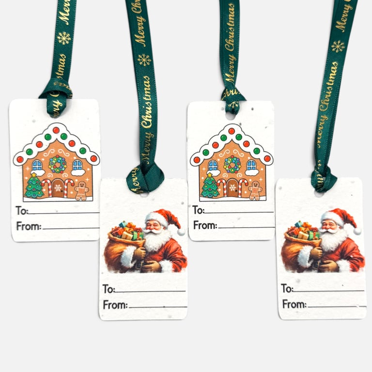 Plantable Christmas Gift Tags Set of 4, Santa & Gingerbread Seed Paper