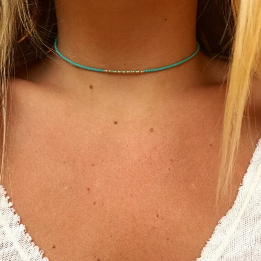 Turquoise and Gold Beaded Choker Necklace - Folksy