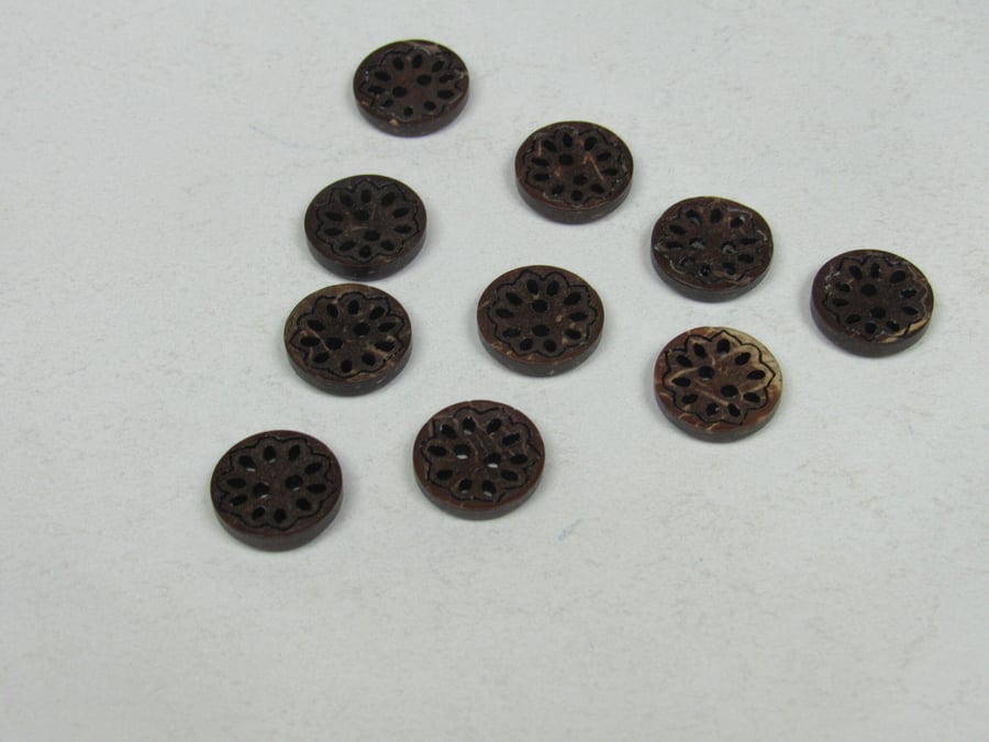 10 Small 13mm Dark Pierced Wood Buttons