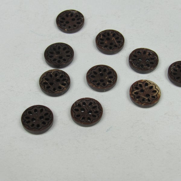 10 Small 13mm Dark Pierced Wood Buttons