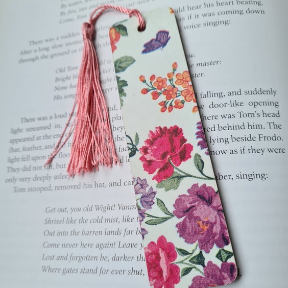 Wooden floral bookmark decoupage flower and butterfly design with tassel