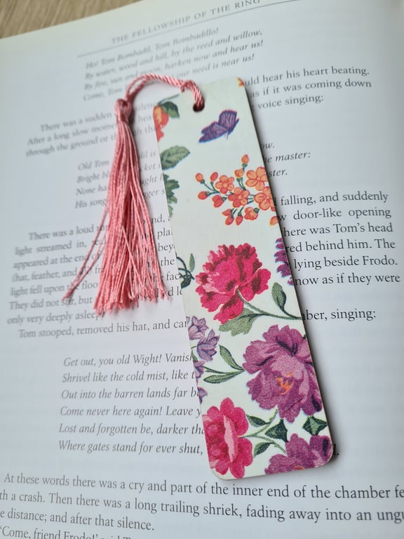 Wooden floral bookmark decoupage flower and butterfly design with tassel