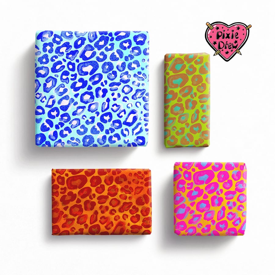 Leopard print wrapping paper in blue, orange, pink or green