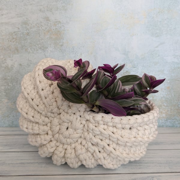 Ammonite basket, crochet shell, home decor, plant display, nautilus, fossil