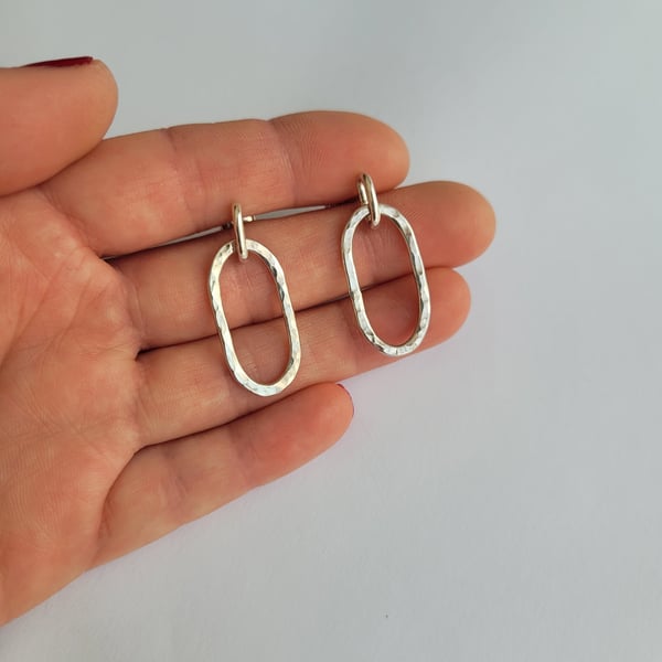 Silver Oval Earrings - Hammered Recycled Sterling Silver