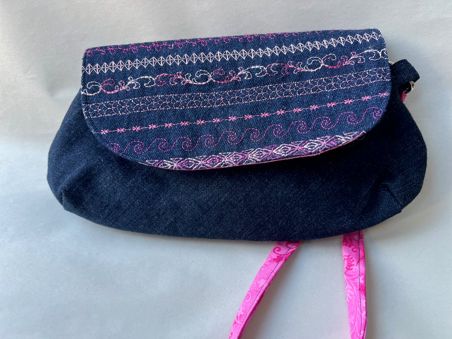 Up cycled Denim Cutch Bag with pink embroidery
