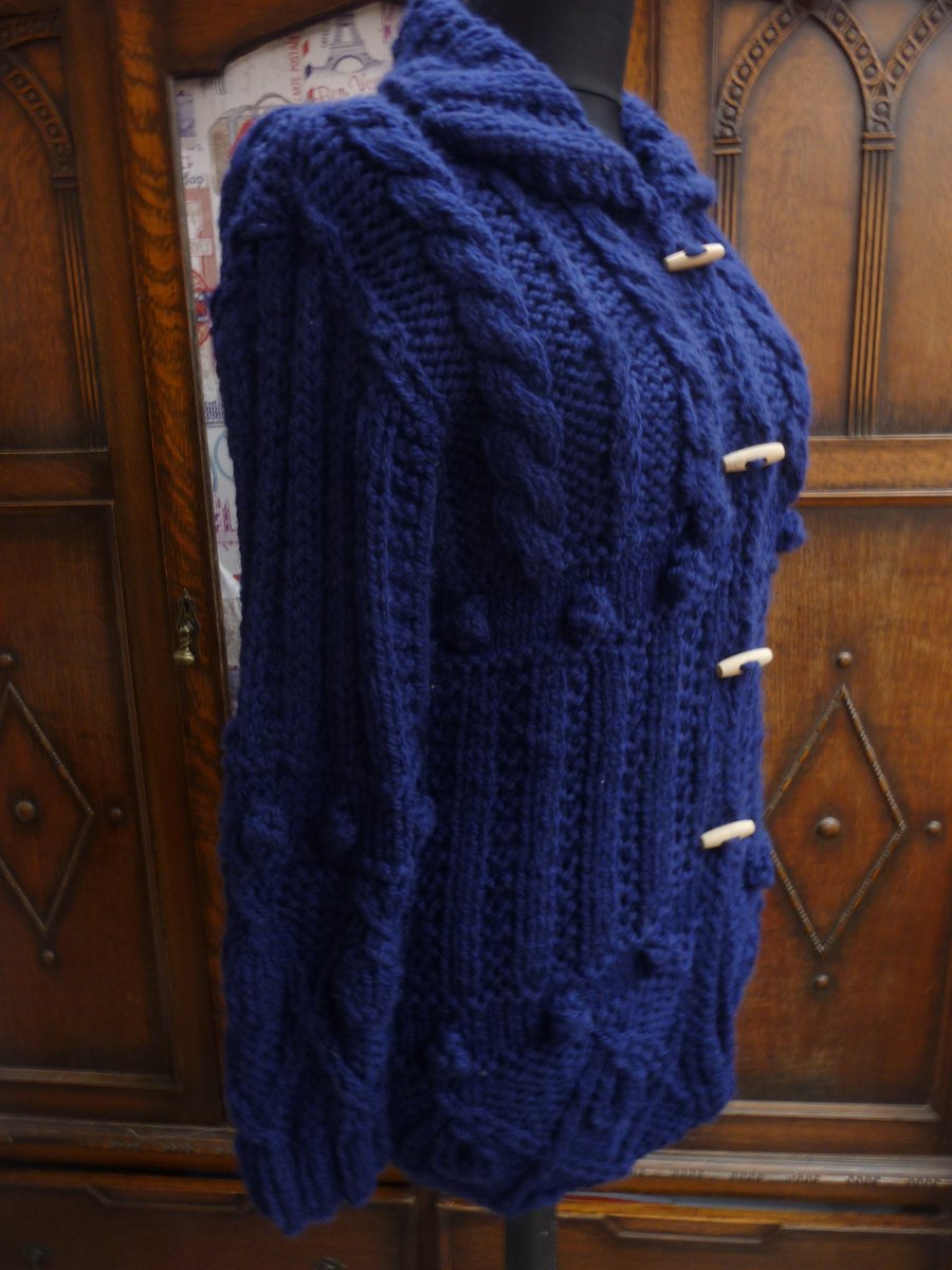 Ladies Navy Long Length Cardigan Hand knitted jacket Popcorn Chunky Wool Cable k