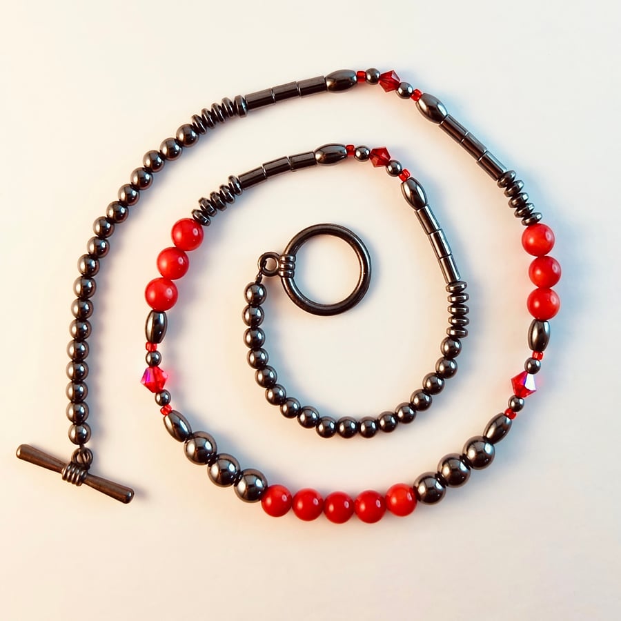 Hematite & Red Bamboo Coral necklace with Swarovski Crystals - Handmade In Devon