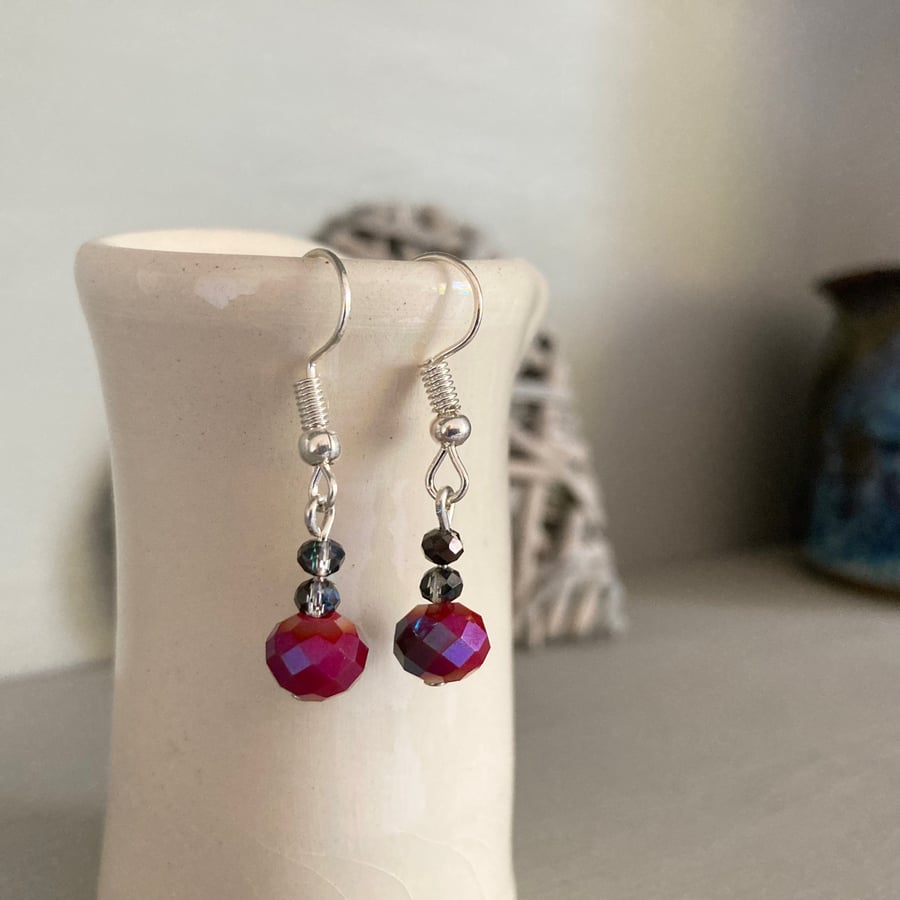 Deep red sparkle bead earrings, silver-plated 