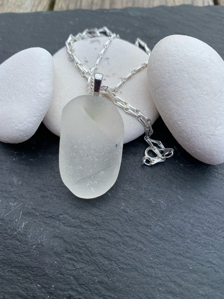 Silver plate and white seaglass pendant