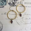 Golden Hoops with Garnets - drop earrings - deep red gem stones and brass