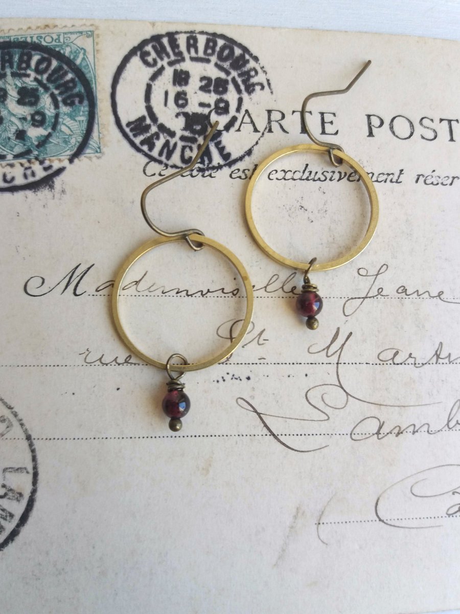 Golden Hoops with Garnets - drop earrings - deep red gem stones and brass