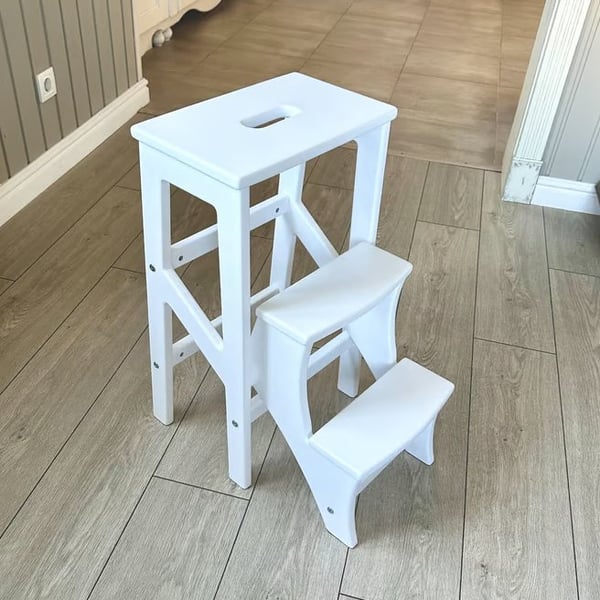 White Wooden Folding Step Stool – Kitchen & Library Steps, Handmade in Britain