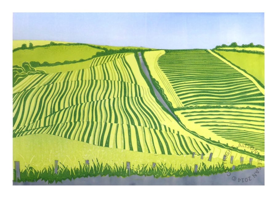Cutting ley on the Rhins LINO PRINT SCOTTISH LANDSCAPE