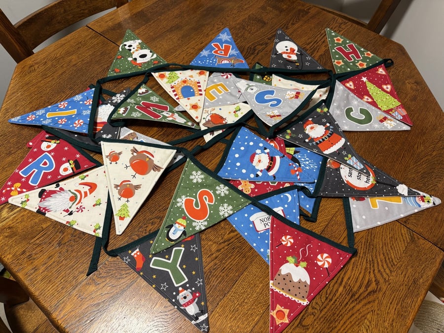 Fabric ‘Merry Christmas’ Banner, Reusable Christmas Bunting with Santa and Frien