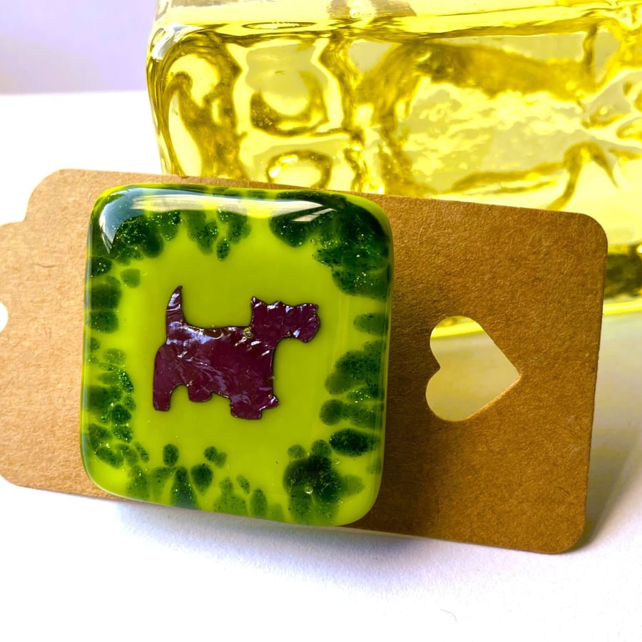 Green Scottie Dog Fused Glass Brooch - facing right