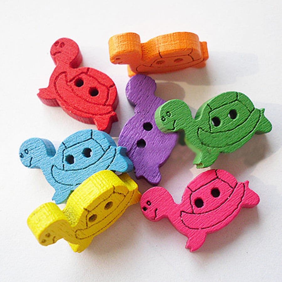 10 x Tortoise colourful Buttons, Wooden colourful two hole buttons, cute & fun