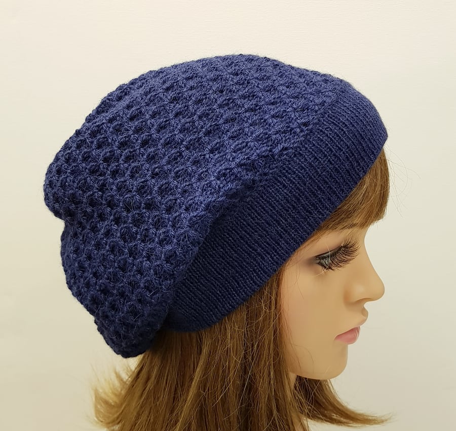 Dark blue knitted alpaca baggy beanie, elegant tam, handmade beret