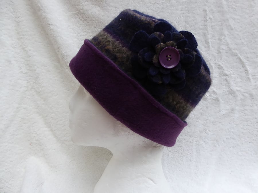 Wool Hat Created from Up-cycled Sweaters. Blue Fair Isle Brim