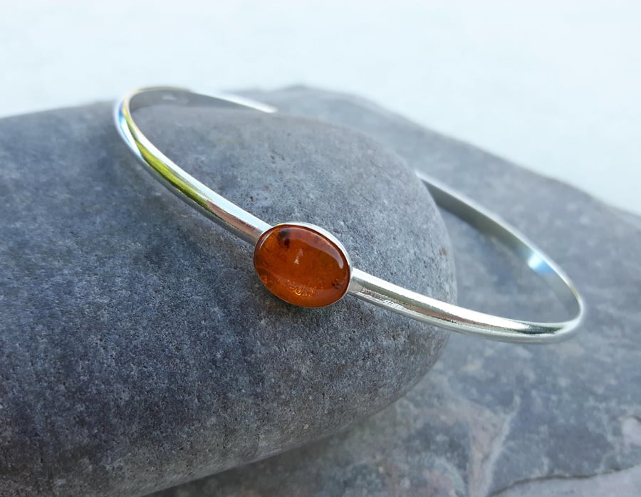 Sterling Silver Oval Bangle with Amber Gemstone 