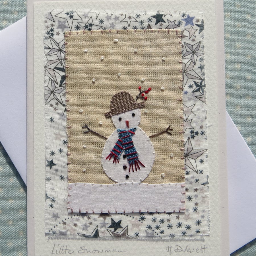 Sweet little snowman card with Liberty print background and berries in his hat!