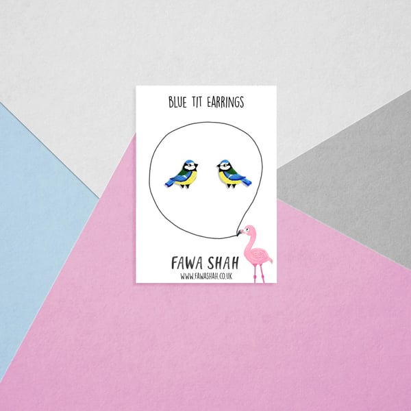 Blue Tit Stud Earrings - Handpainted - Bird Earrings