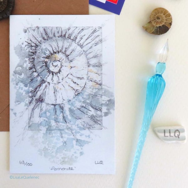 Ammonite fossil no.63 blank greeting card from an original etching cello free