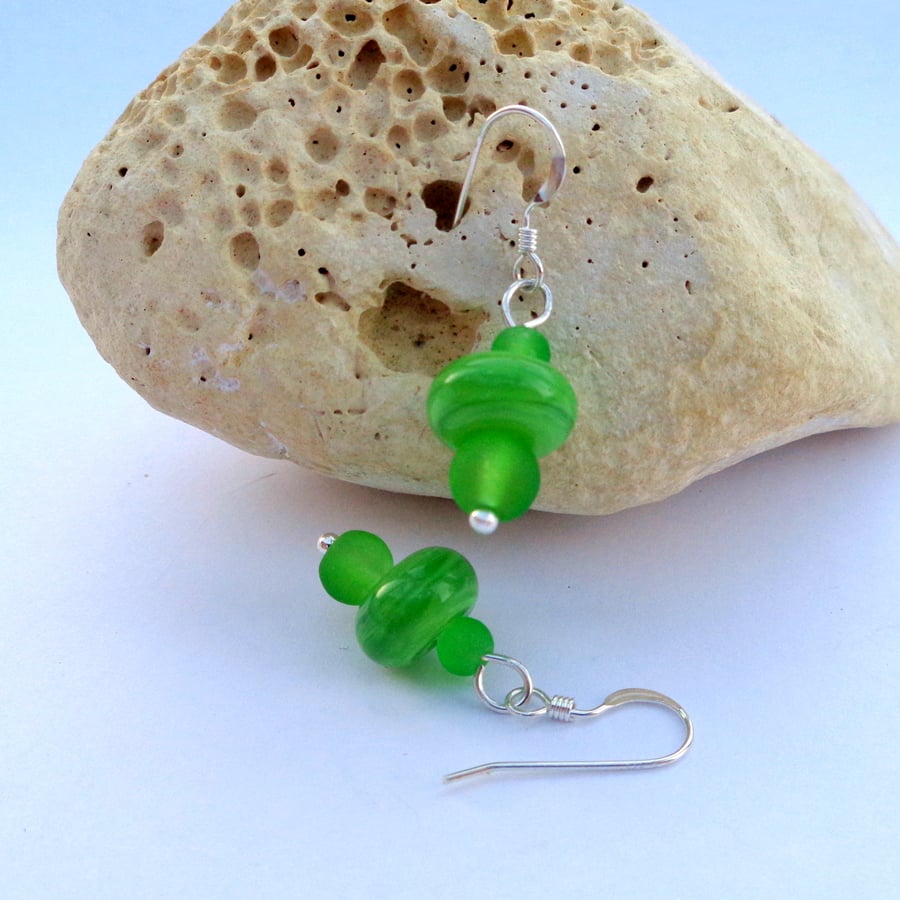Lampwork glass bright green bead earrings with sterling silver